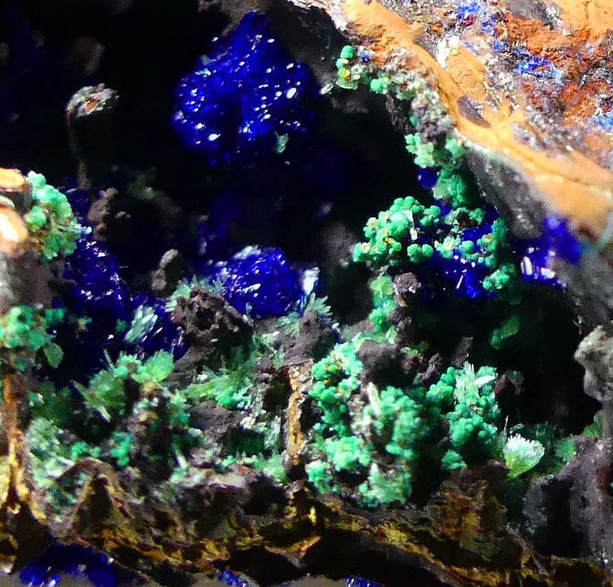 Azurite With Olivenite Malachite & Conichalcite On Limonite