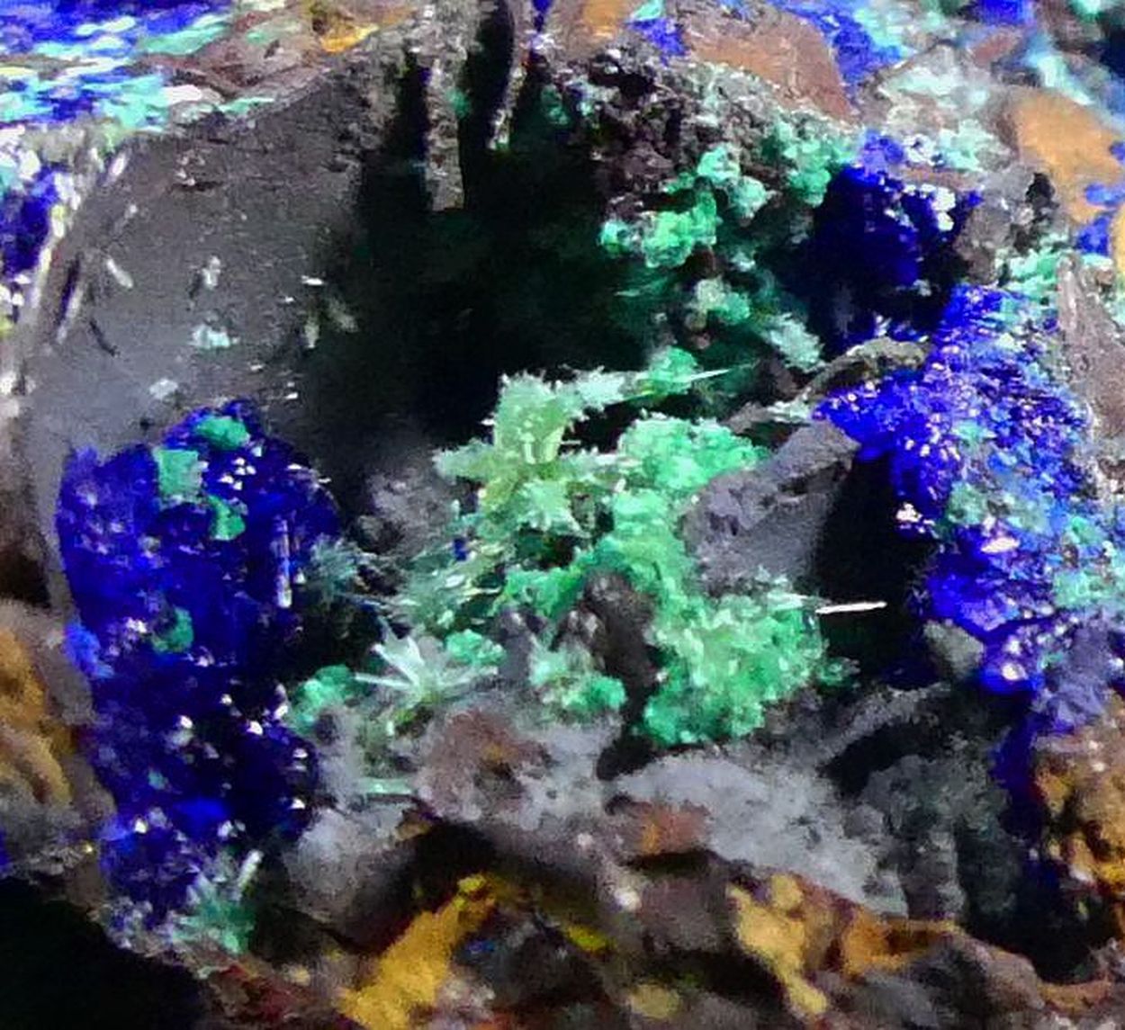 Azurite With Olivenite Malachite & Conichalcite On Limonite