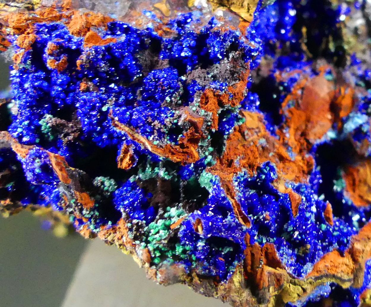 Azurite With Olivenite Malachite & Conichalcite On Limonite