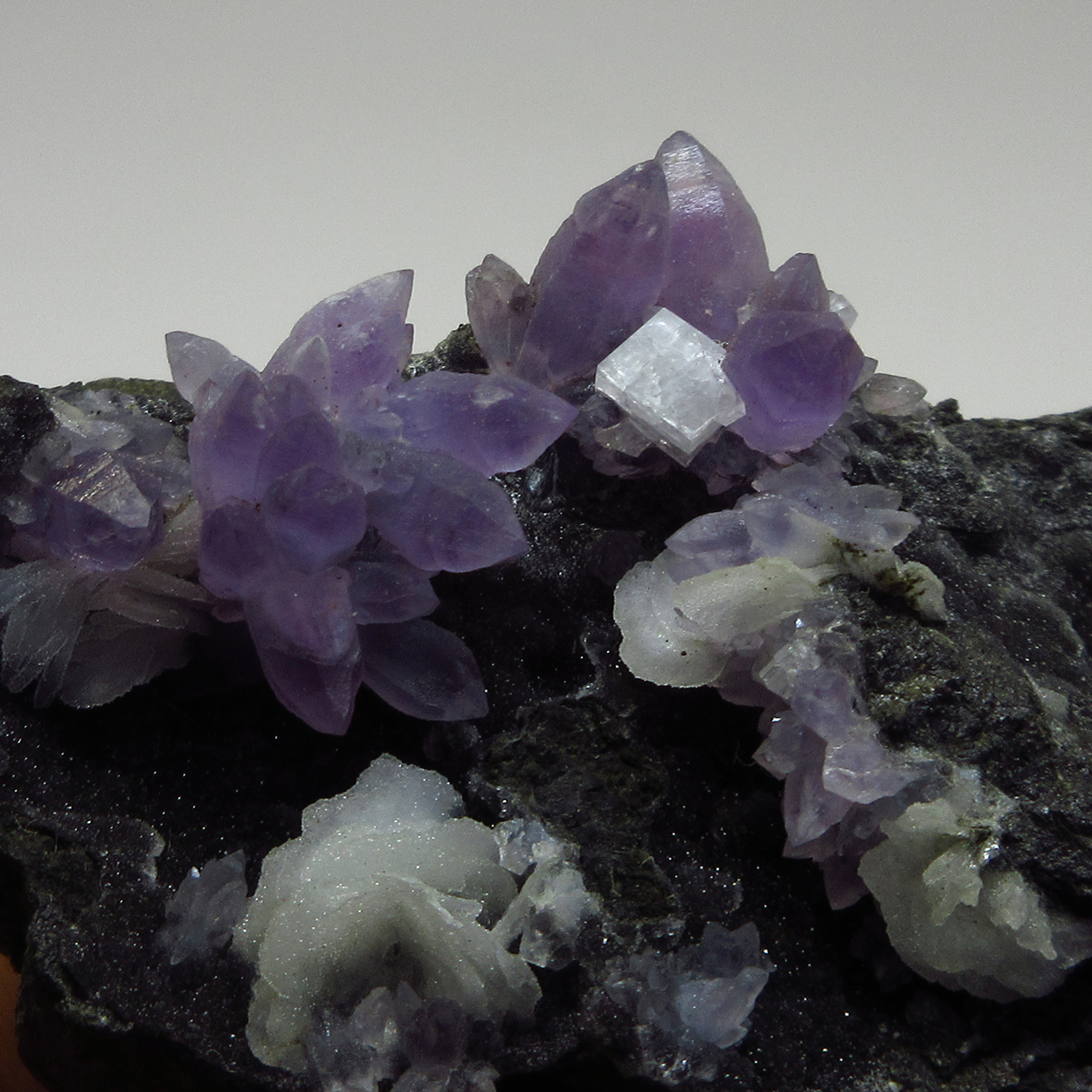 Amethyst On Chalcedony With Chabazite & Calcite