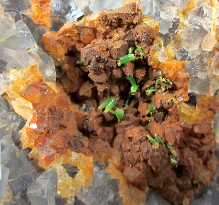 Pyromorphite On Quartz On Fluorite