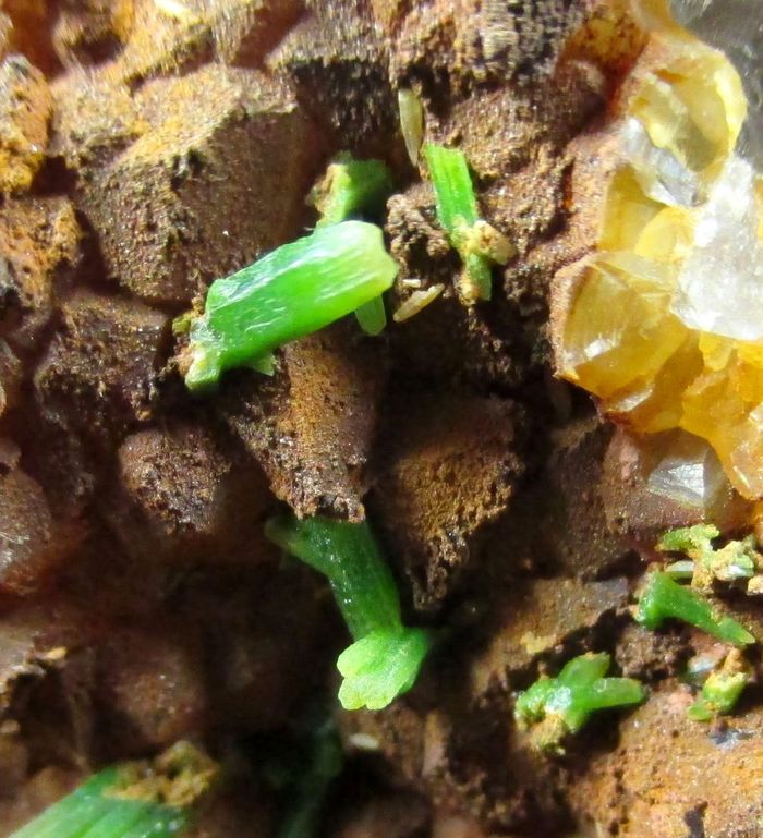 Pyromorphite On Quartz On Fluorite