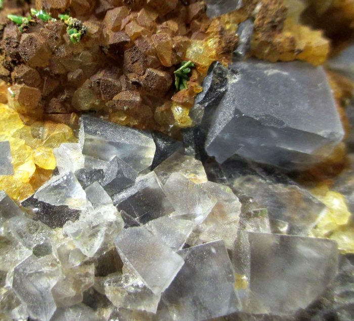 Pyromorphite On Quartz On Fluorite